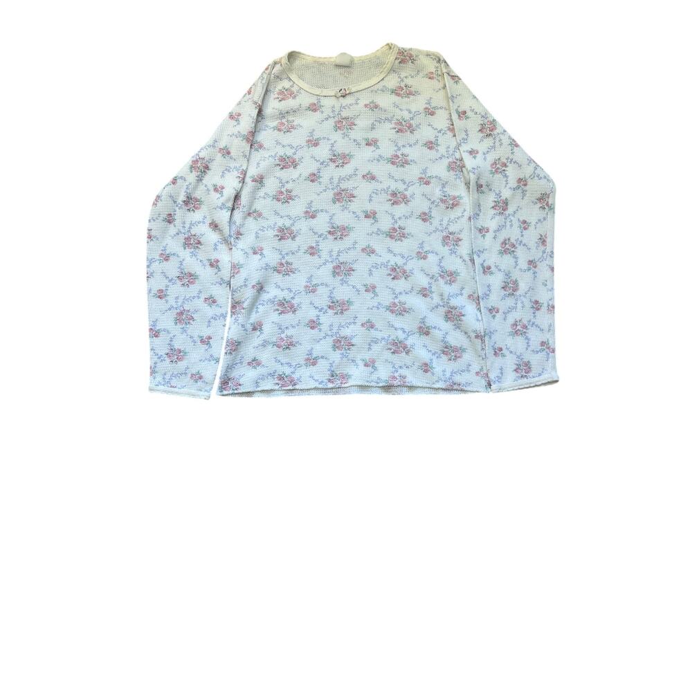 Vintage 90s Floral Thermal Micro Rose Waffle Knit Cottagecore Long Sleeve